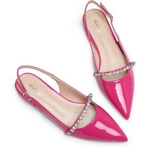 Women Hot Pink Polyurethane (PU) Rhinestone Pointed Toe Slingback Flats Shoes